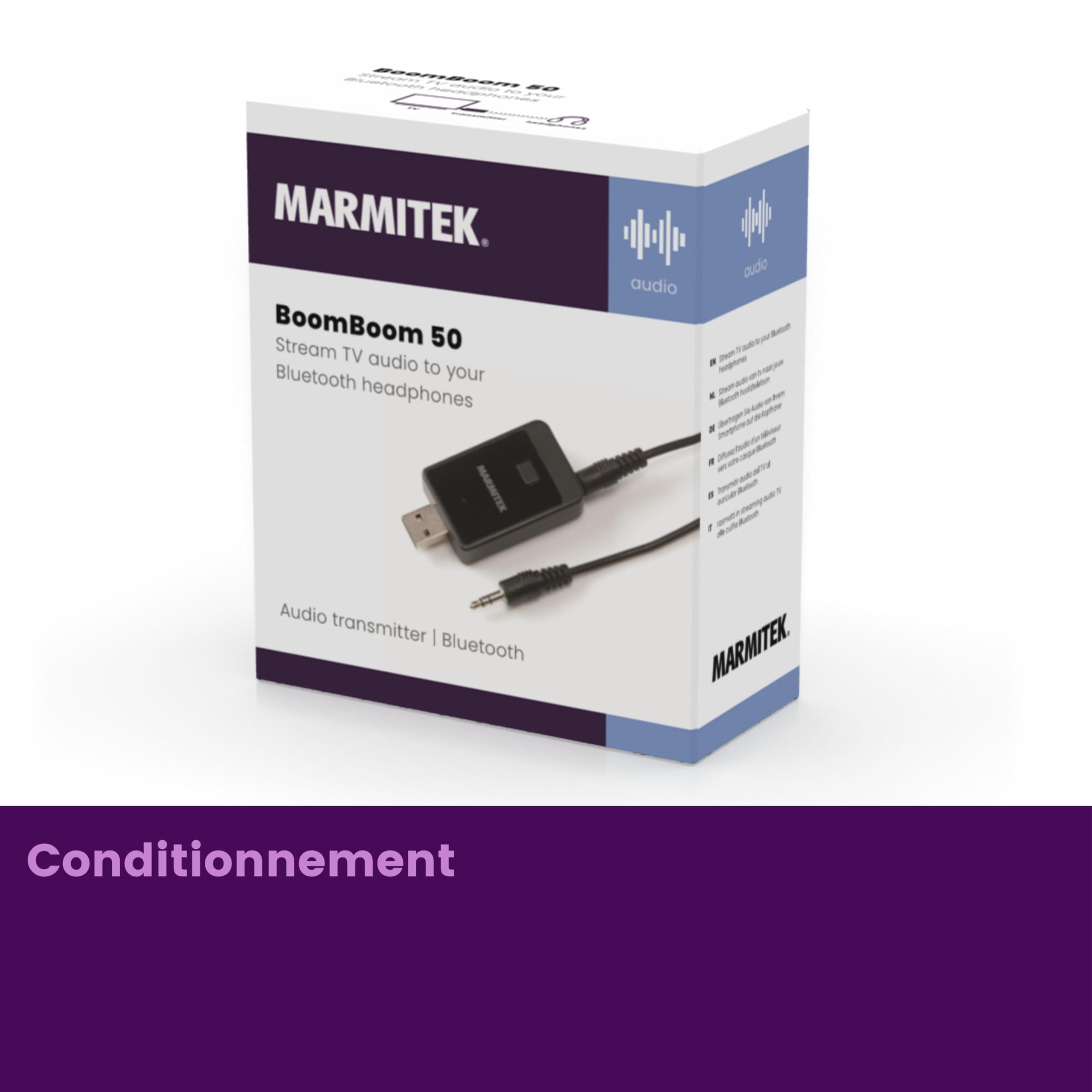 Marmitek Boomboom 50 TV Bluetooth Audio Transmitter | Émetteur audio Bluetooth jack 3,5 mm pour son TV sans fil, Plug & Play, alimentation USB, AAC, aptX, A2DP et 30 m