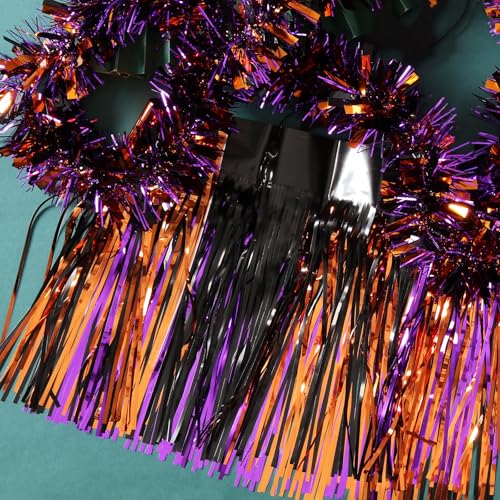 Image of Halloween Decorations - 5 Pack 10 Feet Orange Black Purple Foil Fringe Garland Tinsel Parade Float Fringe Hanging Backdrop Banner Table Skirts
