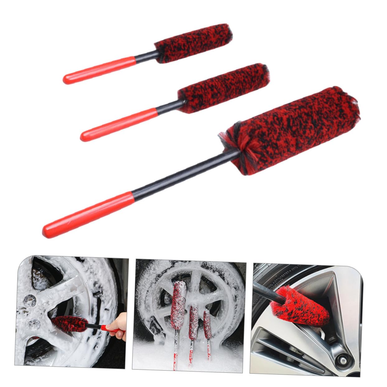 Set 3 Spazzole per Cerchi Auto in Microfibra per Ruote | Manico Ergonomico, Peso Leggero, Fibra e Pom, Set 3 Pezzi per Pneumatici