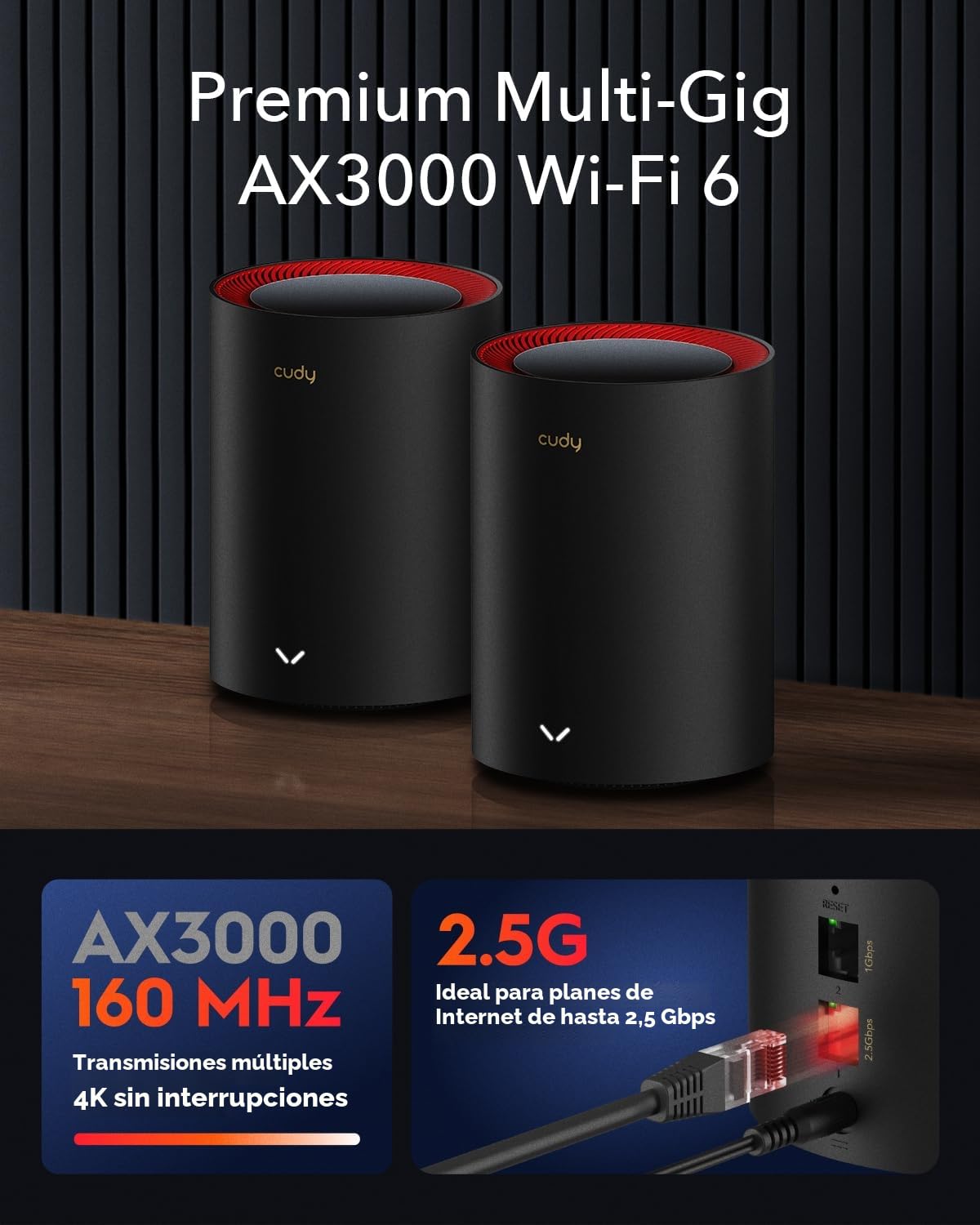 Cudy M3000 2-Paquete Sistema de Malla Wi-Fi 6 para Toda la Casa, 2.5G WAN, Red Troncal Ethernet, Ideal para 1Gig+ Internet, Wireguard, OpenVPN