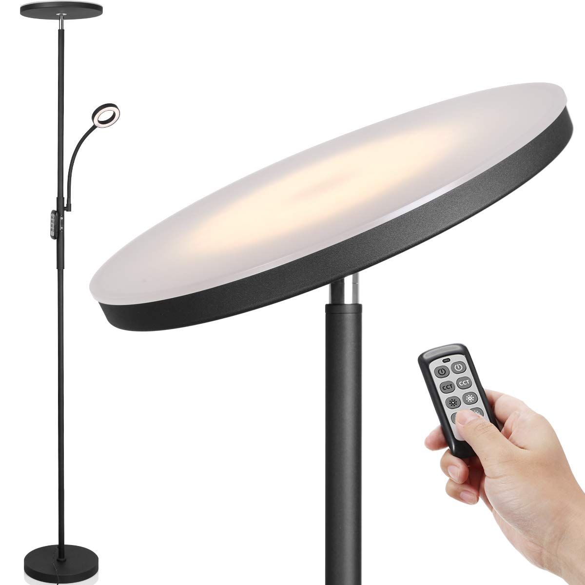 LED Floor Lamp - Soarz Torchiere Floor Lamp with Adjustable Reading Lamp,2000lumens Main Light and 400lumens Side Reading Light for Living Room, Bedroom, Office, Working with Remote Control