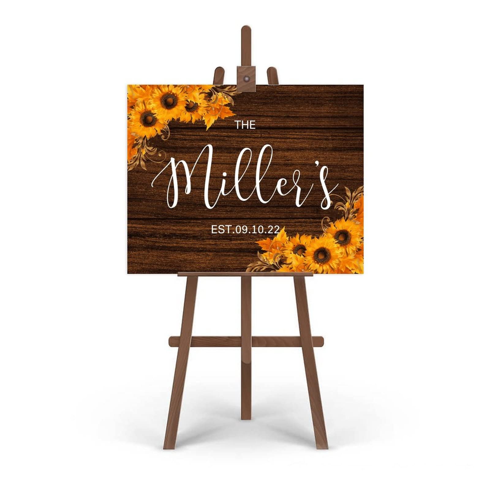 Panneau en grain de bois jaune tournesol pour mariage avec inscription « Welcome To Our Wedding » Fabriqué sur mesure à n'importe quelle date Parfait pour les fêtes prénuptiales, les mariages,