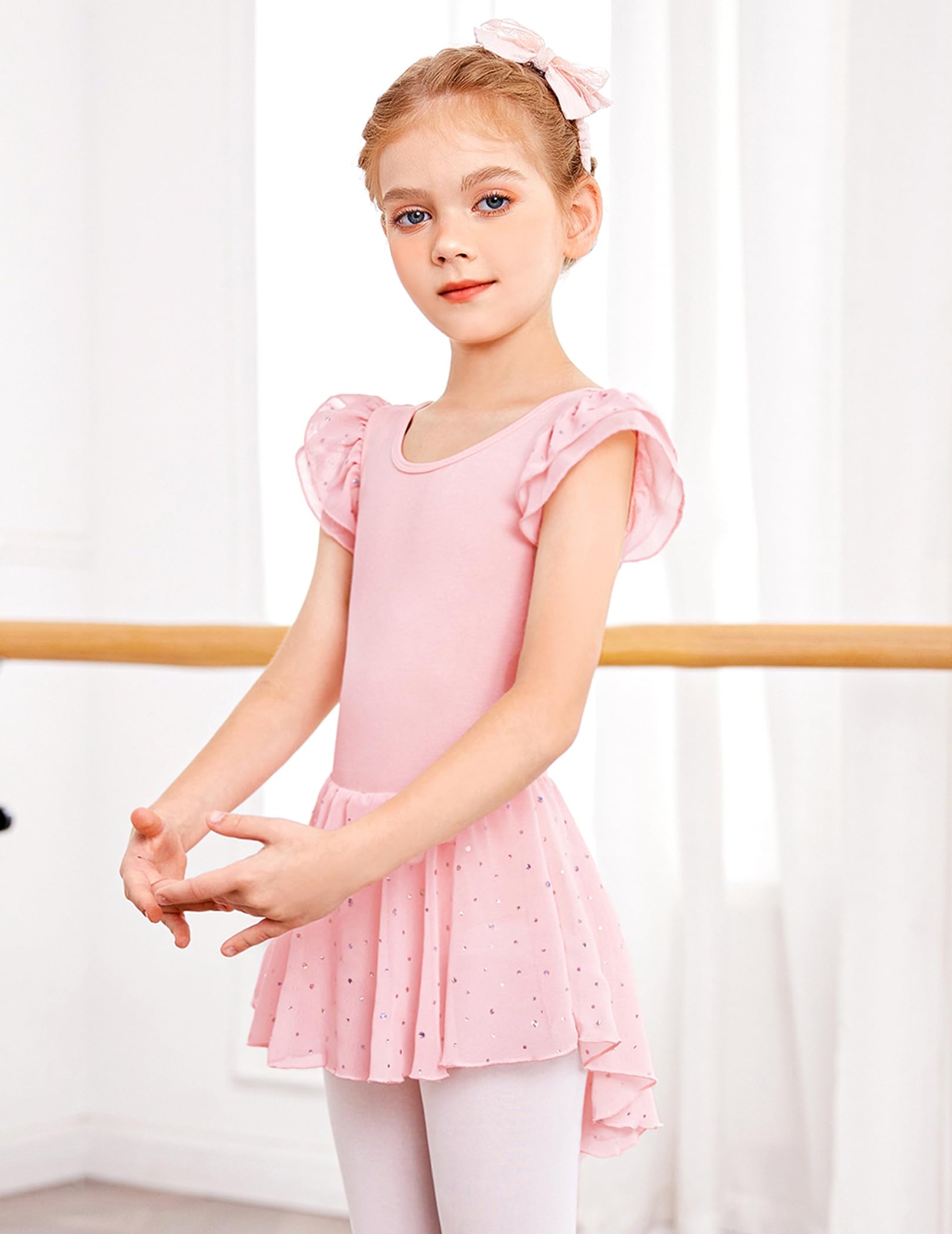 Arshiner Traje de Ballet para Niñas de 2-10 Años Sin Espalda Manga Corta Ropa de Danza Mono de Algodón con Falda Irregular con Lentejuelas — view 3