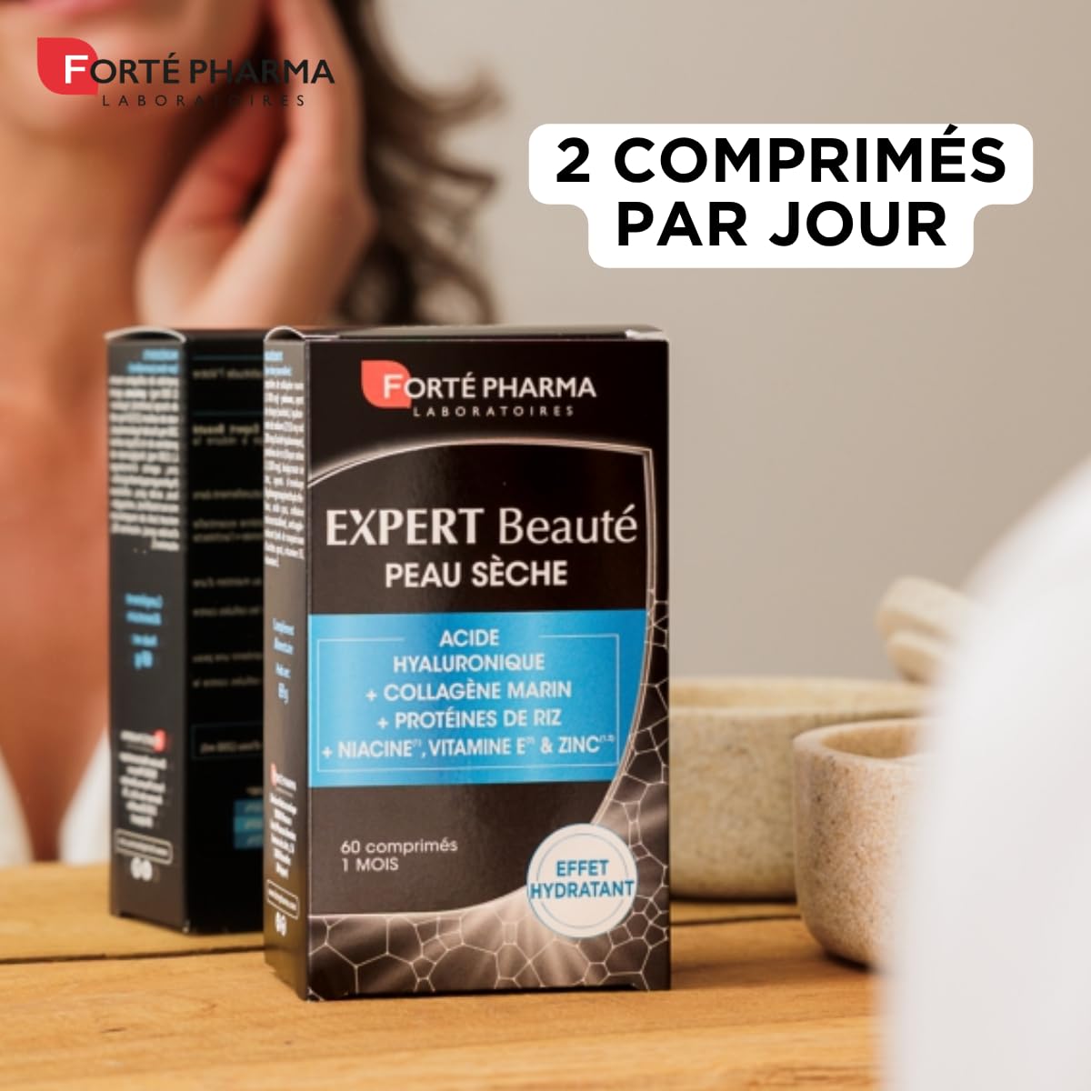 Forté Phama - Expert Beauté Peau Sèche - Complement alimentaire peau sensible, terne - Acide hyaluronique, Collagene marin, Vitamine B3 (Niacine), Vitamine E, Zinc - 60 comprimés, 2/jour