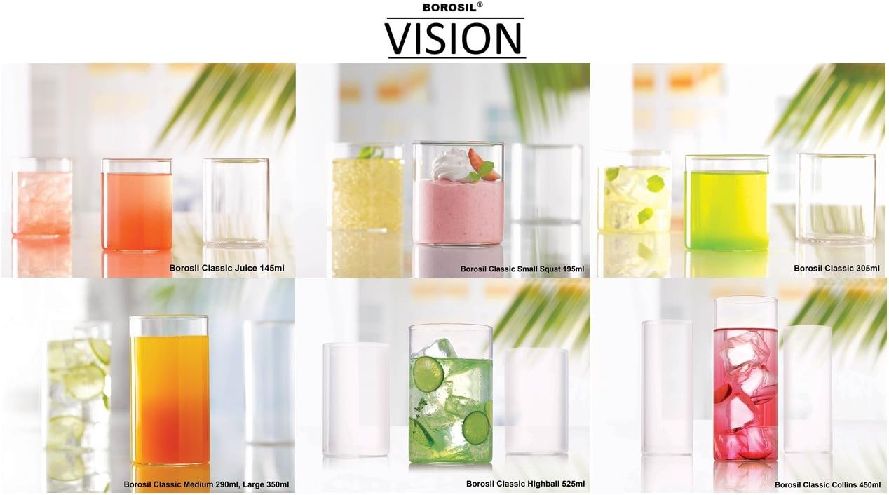 BOROSIL® Highball Glasses Set of 6 | Ultra Clear | Microwave and Dishwasher Safe | Vision Classic Series 16oz