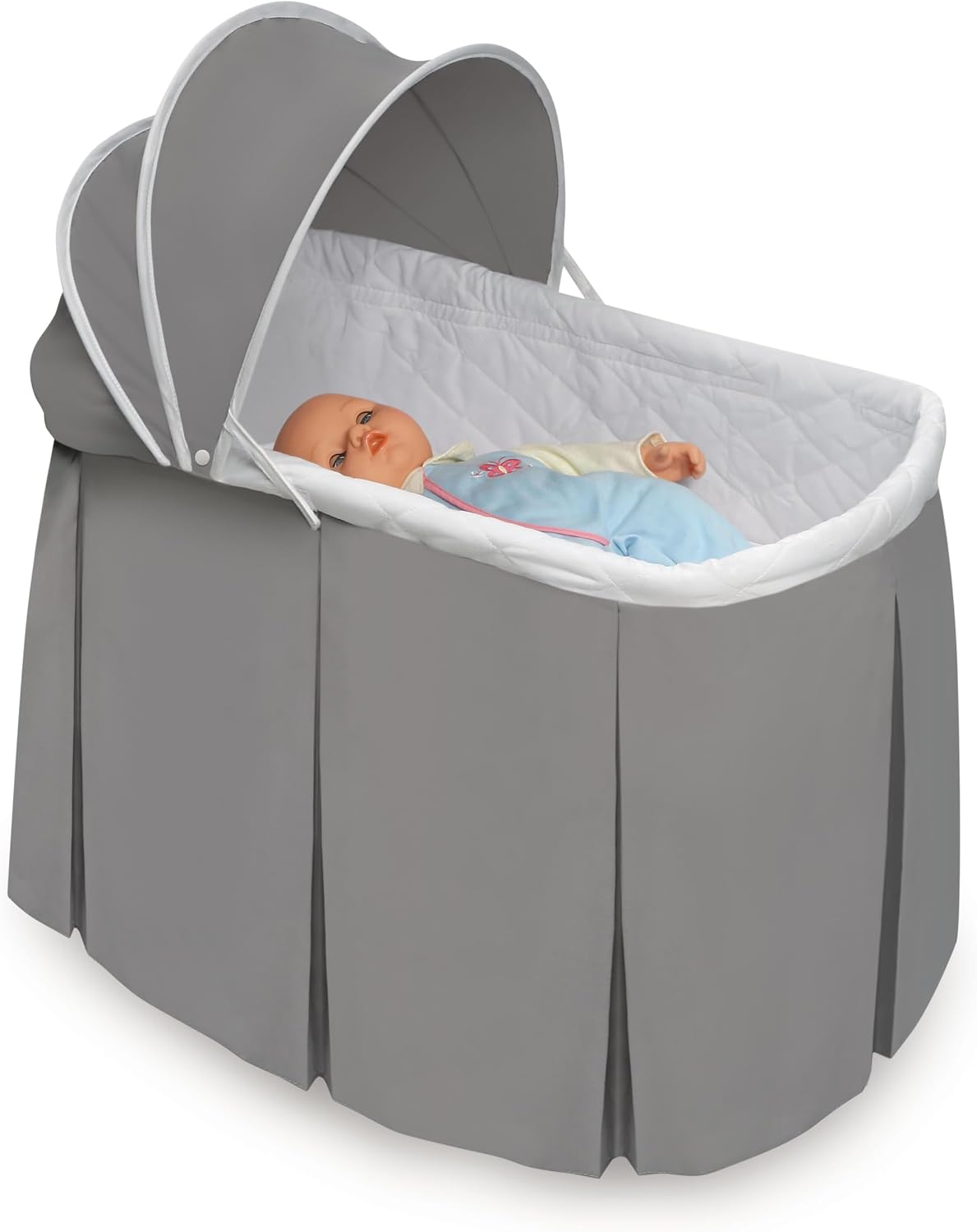 Badger Basket Cuddles Doll Bassinet with Canopy - Fits 18 to 20 Inch Dolls, Includes Storage Basket and Bedding - Pretend Play Nursery Bed for Kids - Gray