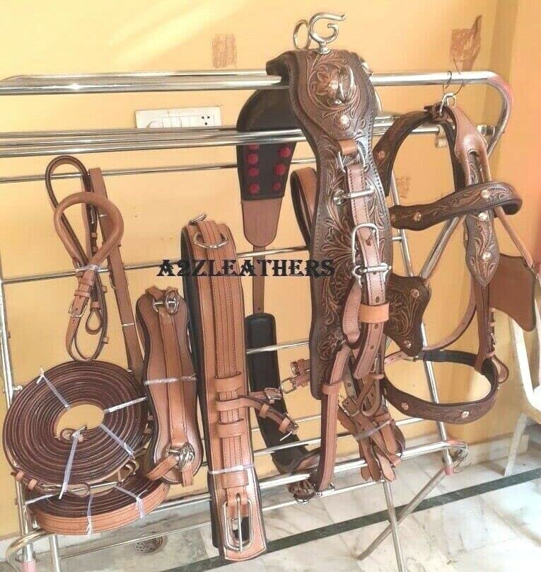 SHOWMEN CRAFT Antique Finish Leather Driving Harness for Single Horse Cart Brown in 4 Size (Pony)