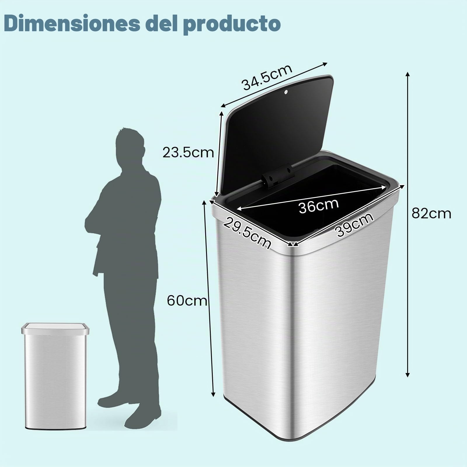 LIFEZEAL Cubo de Basura Rectangular de Acero Inoxidable, con Sensor 50 L, Automático sin Tacto, Papelera de Cocina con Tapa de Cierre Suave