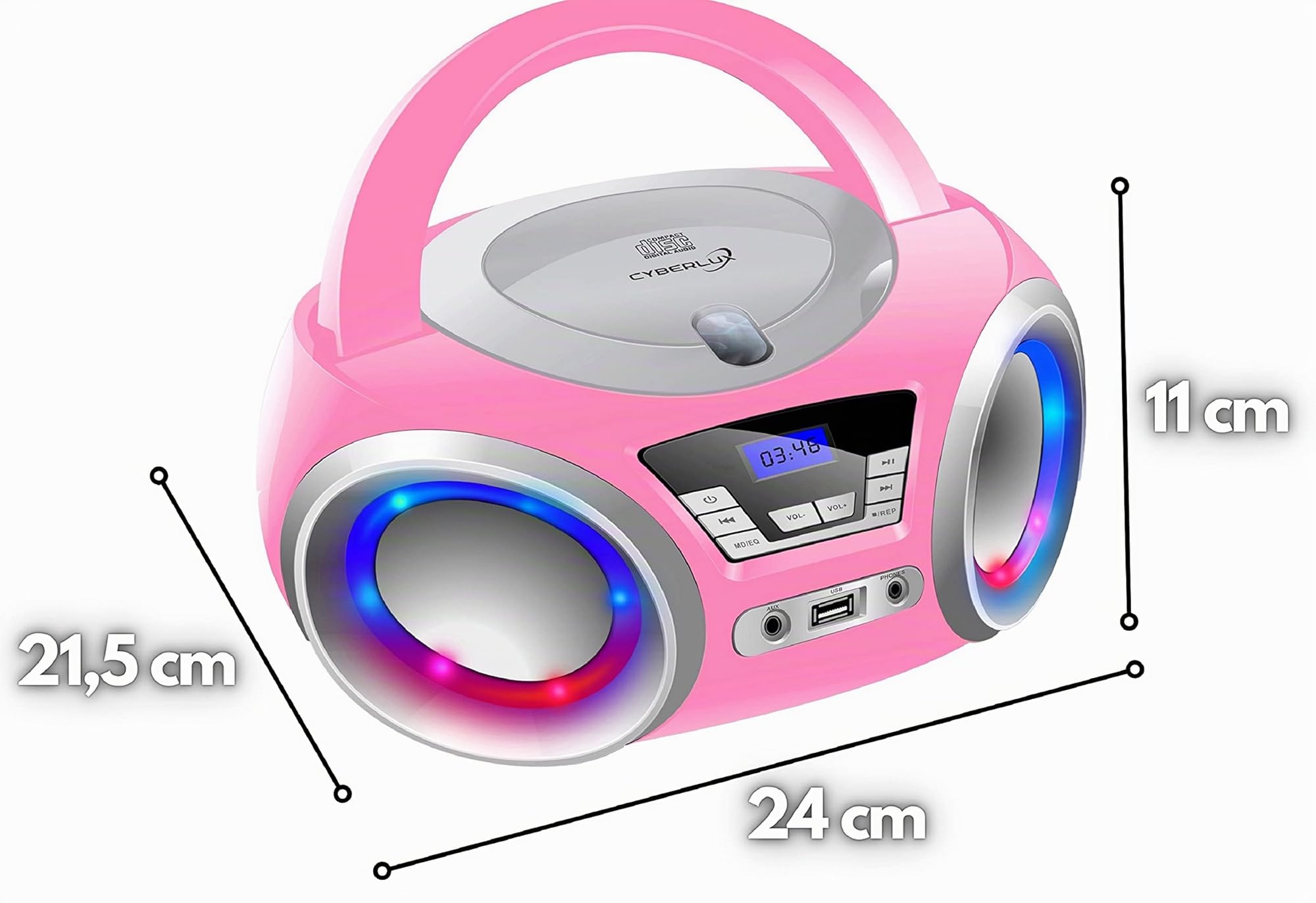Lecteur CD portable avec radio FM, éclairage LED et USB, prise casque, Aux In - Pretty Kitty Pink