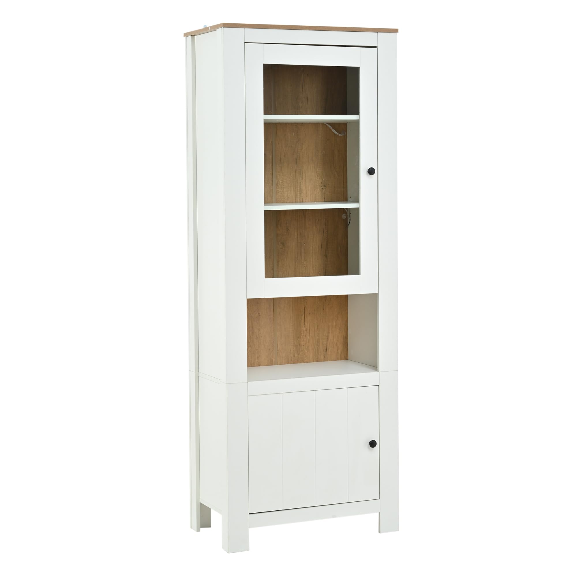 MURUL Armario alto, 70 x 40 x 188 cm, vitrina con 2 puertas, seis estantes, pared trasera en imitación de madera natural, estantes ajustables, vitrina de cristal con LED, color blanco + madera natural