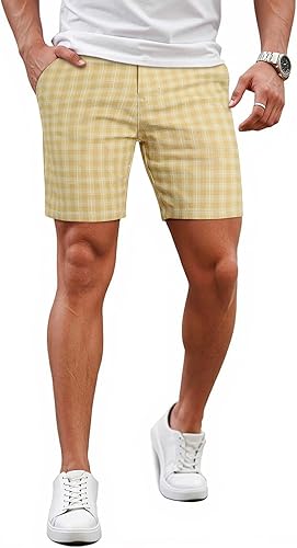 GINGTTO Mens Slim Fit Shorts Plaid Chino Short Tapered Leg Skinny Stretch