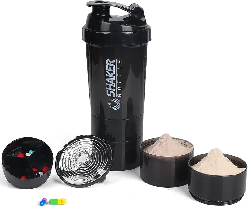 Premium Protein Shaker Bottle for Gym with Storage Organizer for Medicine and Protein Powder, Sports 3-Layer Leak Proof Lid and Twist Lock Container BPA Free QShop 500ml (Black)