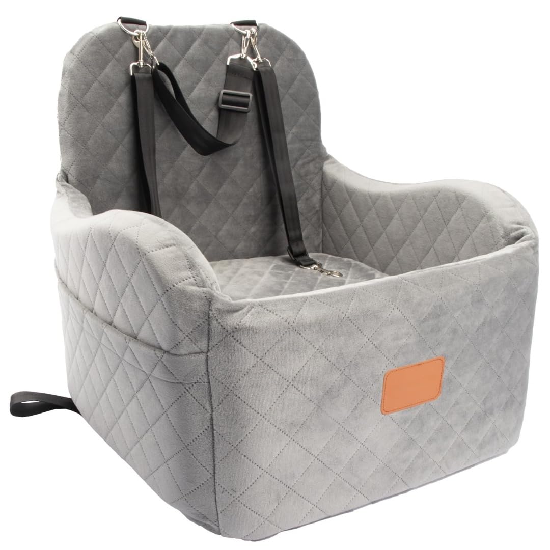 UDRFKDS Dog Booster Car Seat for Skoda Karoq NU 2017-Present, Elevated Pet Travel Bed with Washable Cover, Secure Console Setup, E-Grey