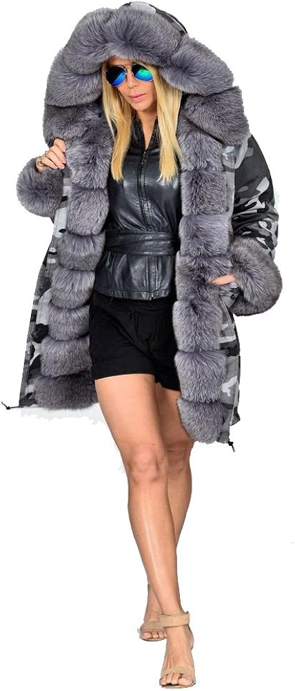 Roiii Womens Winter Luxury Outerwear Long Sleeve Faux Mink Faux Fur Plus Size Hooded Coat