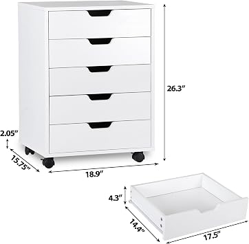 5 Drawer Chest Storage Cabinet Dresser, Wood Nightstand, Mobile Organizer Drawers for Office Bedroom Hallway Entryway Closets,White