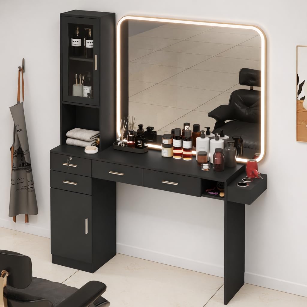 Salon Station for Hair Styling, Wall Mount Barber Salon Cabinet with 3 Hair Dryer Holders, Drawers & Shelves, Beauty Spa Storage Equipment Salon Furniture Without Mirror, Black