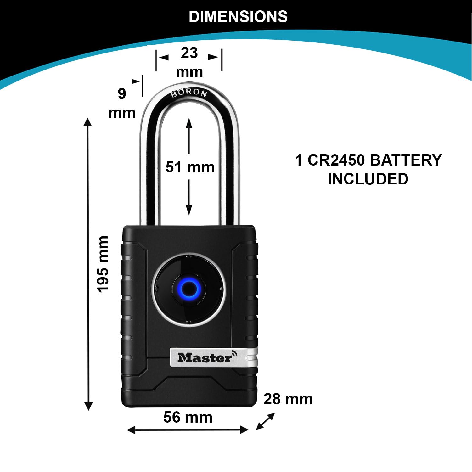 Master Lock 4401EURLHEC Inteligentna kłódka Bluetooth do użytku profesjonalnego i prywatnego, na zewnątrz, długa szekla, czarna
