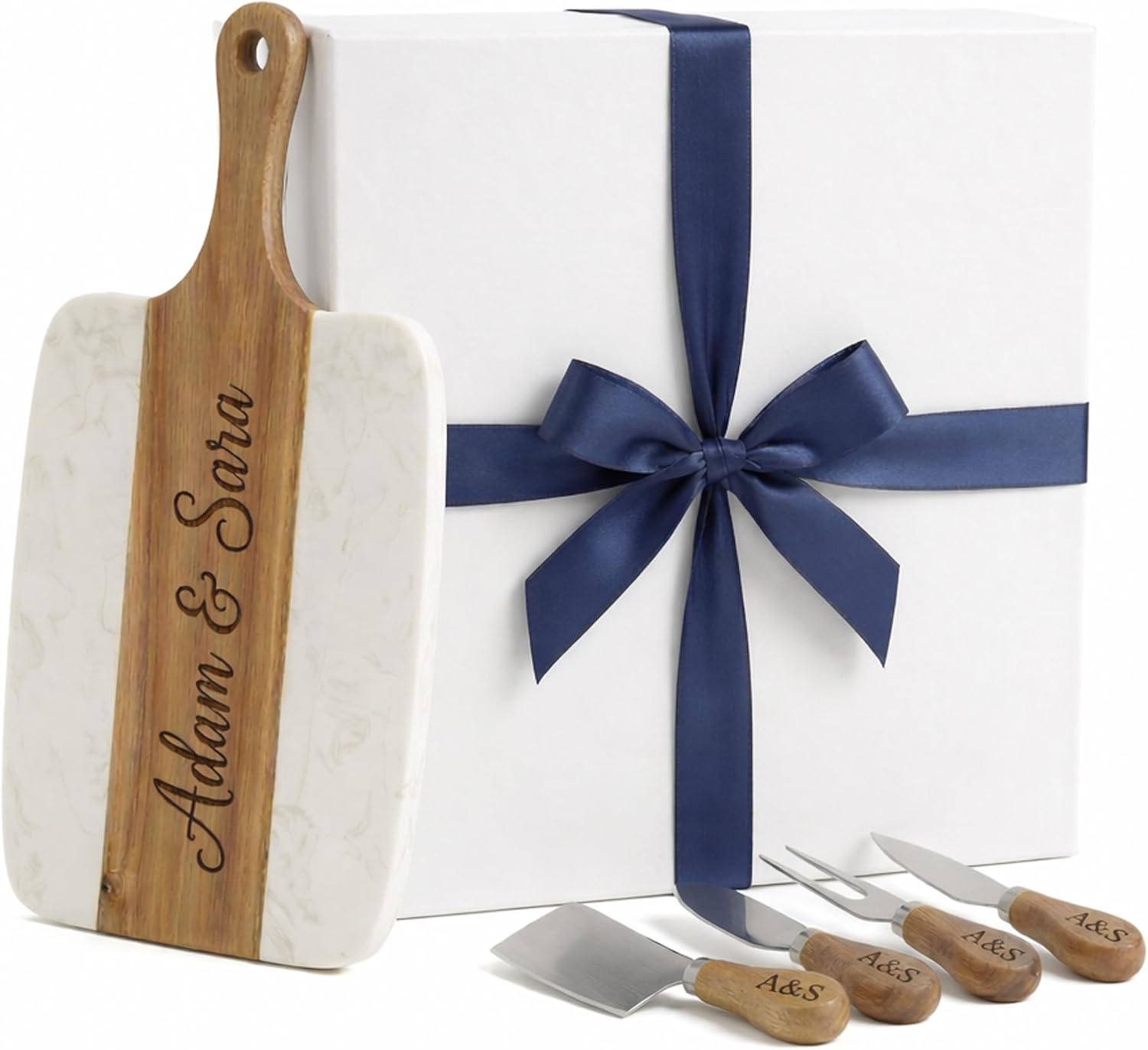 Personalized Premium Marble & Wood Charcuterie Board Set with 4 Custom Cheese Knives – Engraved Serving Tray for Wedding, Housewarming, & Realtor Closing Gifts