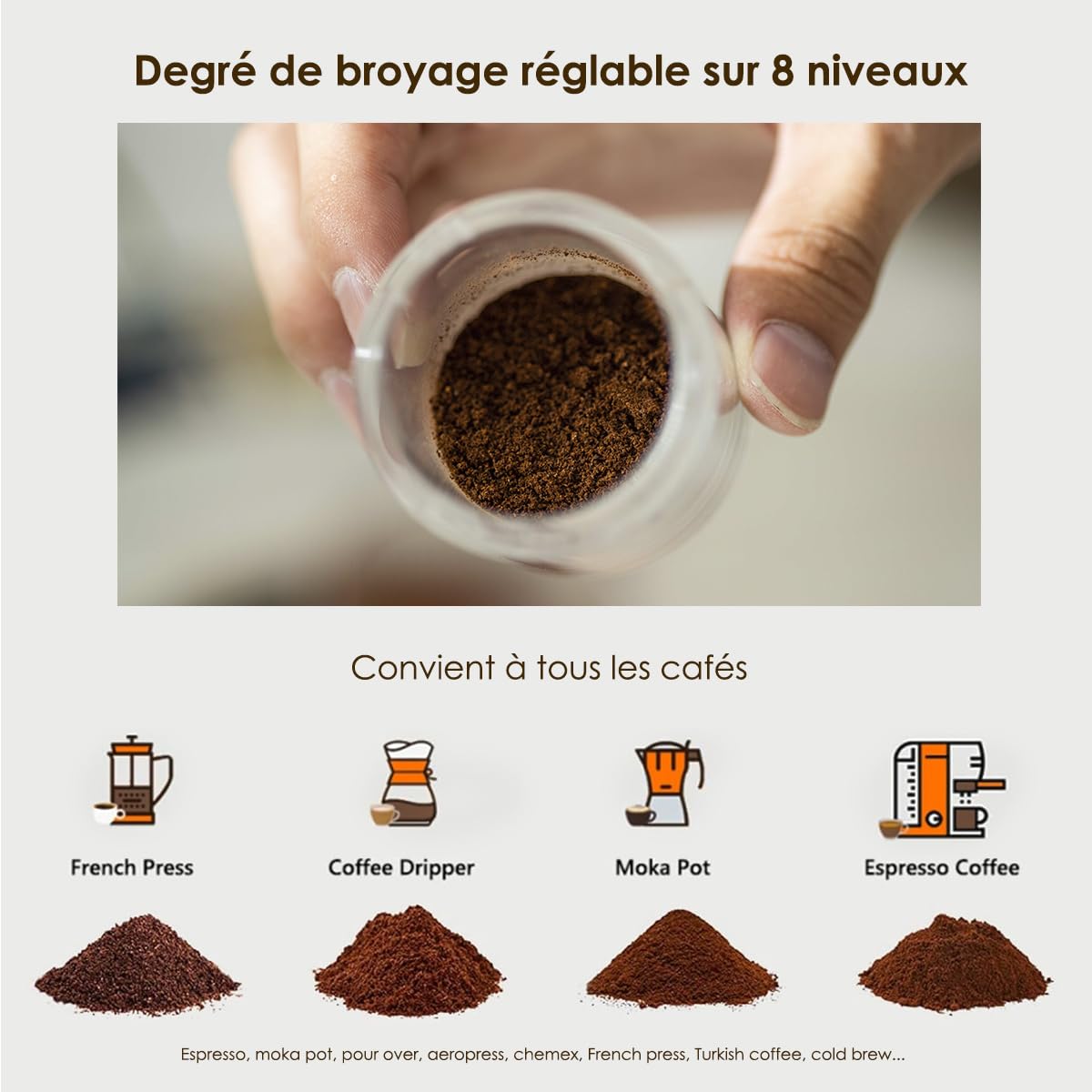 Moulin à Café Manuel Réglable en Acier Inox, Meules en Céramique – Silencieux et Portable pour Expresso, Moka, French Press et Aeropress – Coffee Grinder Aspect Bois pour Maison et Voyage – Capy Brew