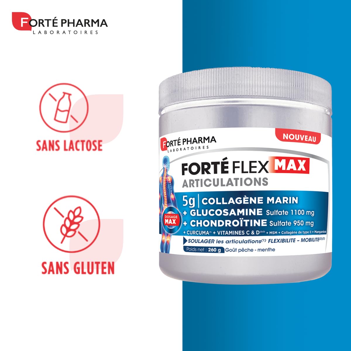 Forté Pharma - Forté Flex Max Articulations - Flexibilité, Mobilité - Collagène type I et II - Curcuma, MSM, Glucosamine - 1 cuill./jour, 20 jours