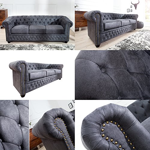 CAGÜ edler Designklassiker 3er Sofa Winchester Grau Kunstleder im klassisch englischen Chesterfield-Stil – Bild 4