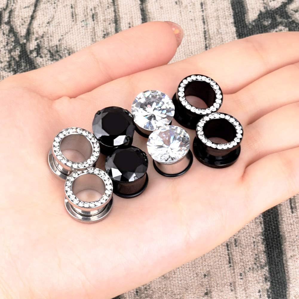10 Pairs Screw Fit Ear Gauges Surgical Steel Tunnels CZ Ear Stretcher Plugs Body Piercing Jewelry for Women Men Size 2g-5/8