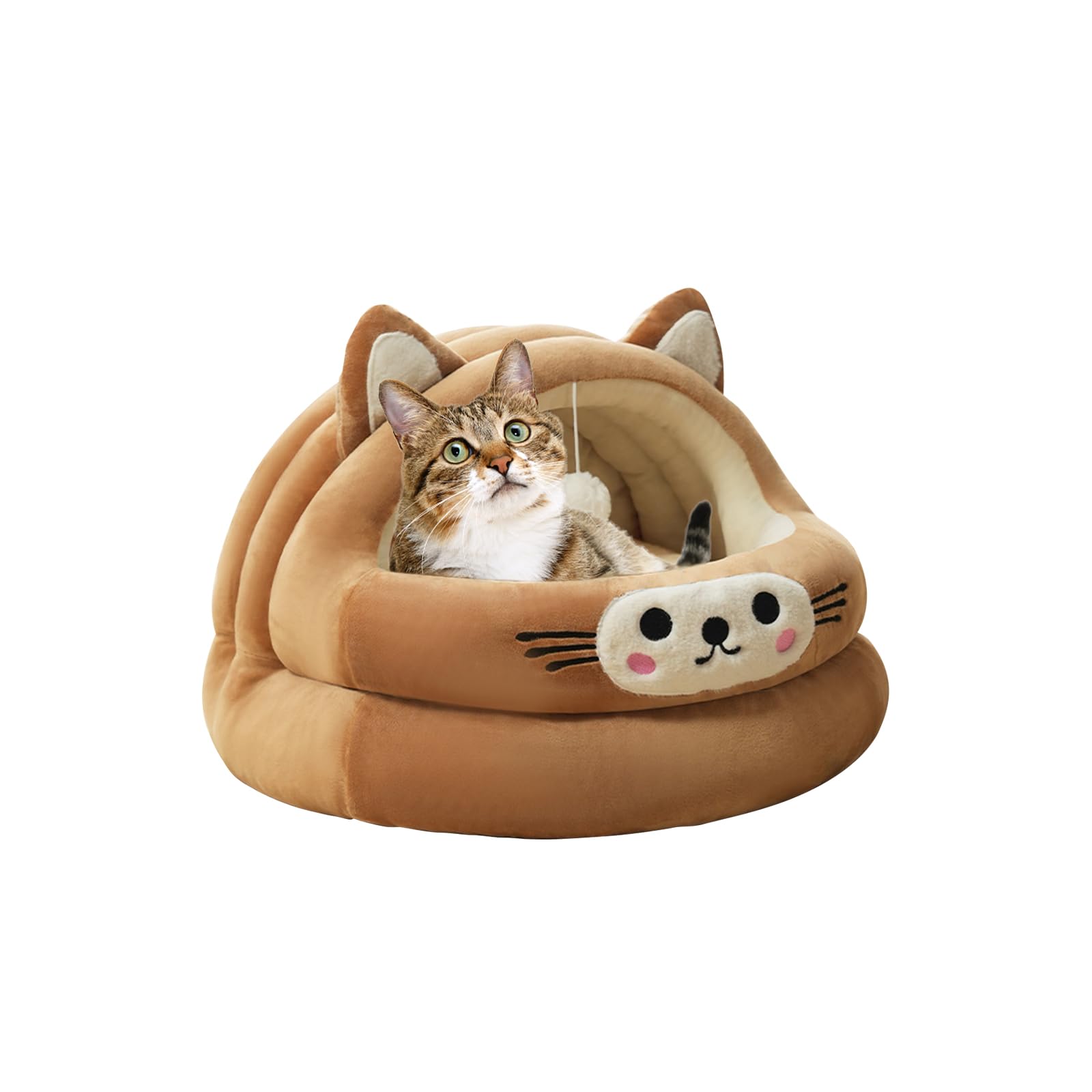 Galatée Cat Cave Bed, Warm Cartoon Pet House With Hanging Ball, Super Soft Calming Sofa, Plush Tent for Dog and Cat (S, Brown)