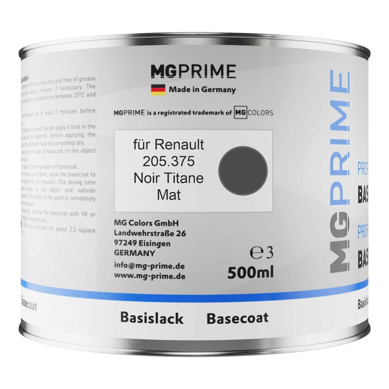 MG PRIME Vernice per auto Barattolo pronto all’uso per Renault 205.375 Noir Titane Mat Vernice di base 0,5 litri 500ml