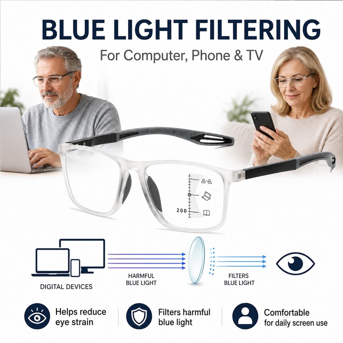 Generisch 3er-Pack Lesebrille Gleitsicht Selbsttönend Damen Herren, Multifokale Computerbrille, Blaulichtfilter, leichte TR90 Fassung