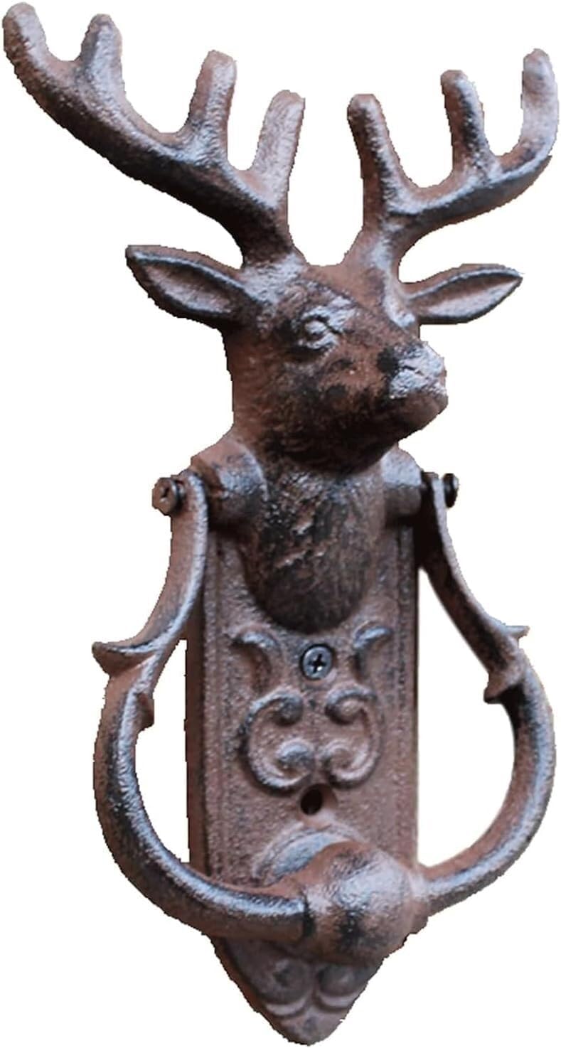 TIST Iron Door Knocker Retro Deer Head Door Knock Cast Iron Door Handle Creative Design Door Ring Knocker Outdoor Decorate Surface-Mounted Installation