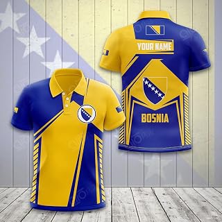 Custom Name Bosnia Coat Of Arms Flag 3D Unisex Adult Polo Shirt, Mens Polo Shirts for Gifts, Short Sleeve Men's Shirt