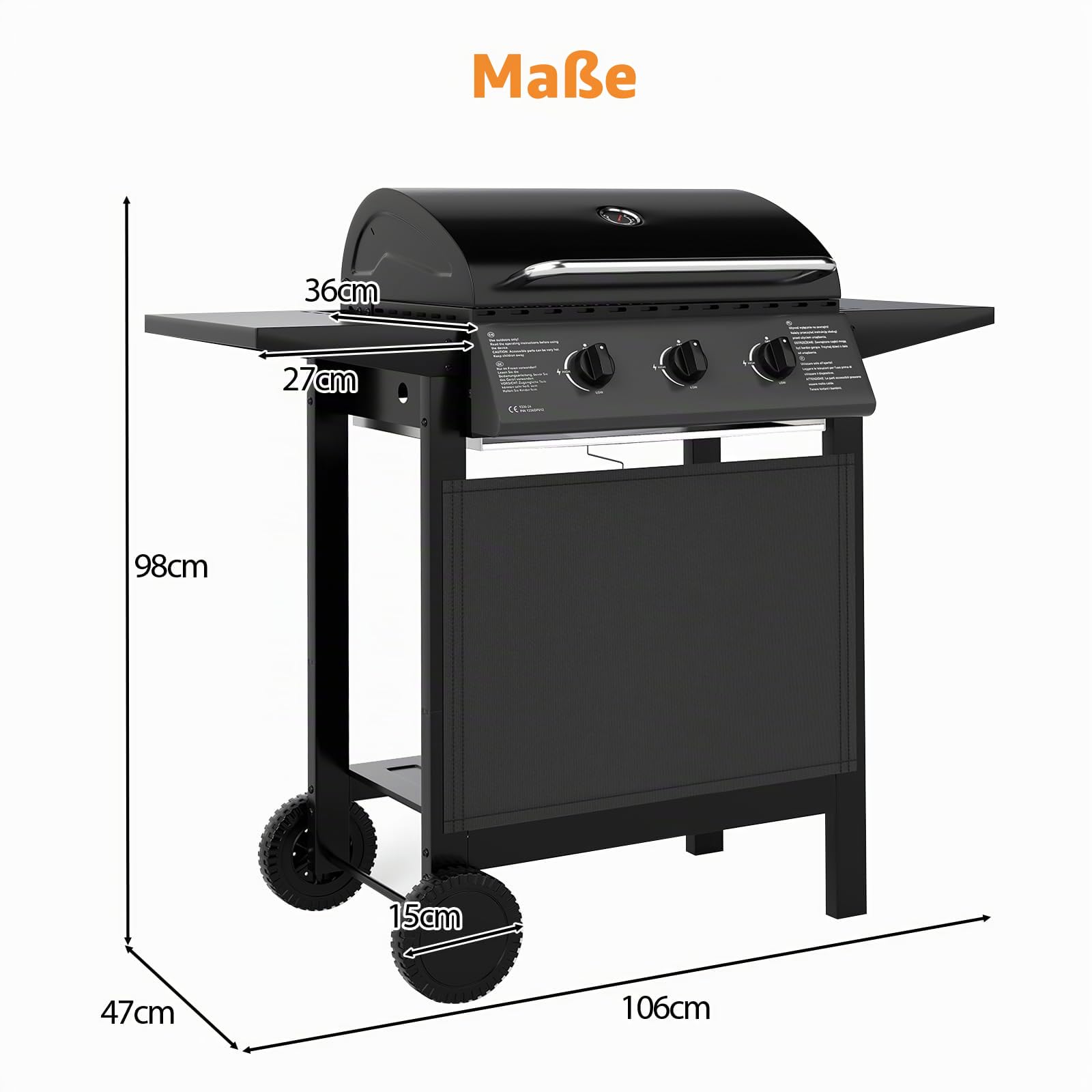 KOMFOTTEU Gasgrill mit 3 Brennern & Thermometer, 24.000 BTU, Außengrill mit 2 Seitenplatten, Grillrost, 2 Rollen, Gartengrill für Camping, Hof, 106 x 47 x 98 cm