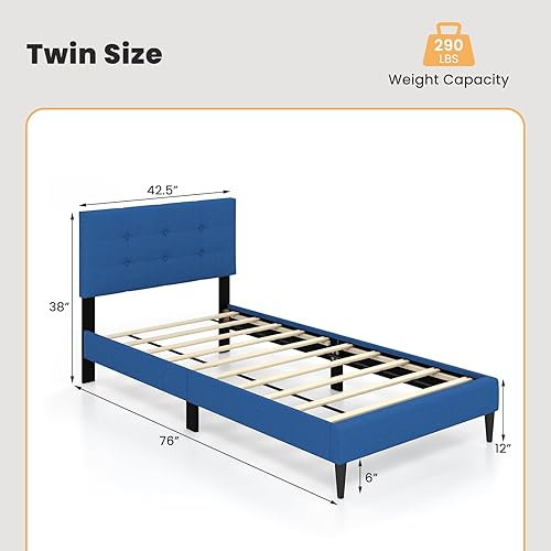 Miniatura 2 de Giantex Base de cama de plataforma de tamaño individual con cabecero capitoné con botones y listones de madera, base de colchón tapizada de lino de