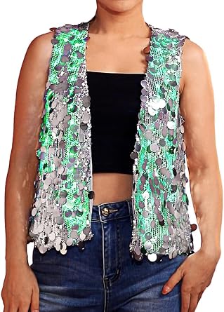 Women's Light Up Sequin Vest Sparkly Sleeveless Open Front Jacket Coat Night Club Disco Waistcoat Jackets