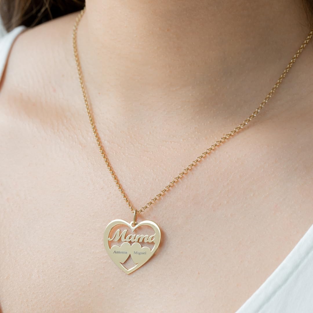 Collar Corazón para Mujer en Plata de Ley 925 personalizable con Nombres de Hijos. Cadena de 45 cm. Ideal para regalar a madres, abuelas en Cumpleaños, Navidad. Hecho en España. (2 Corazones Oro) — view 3