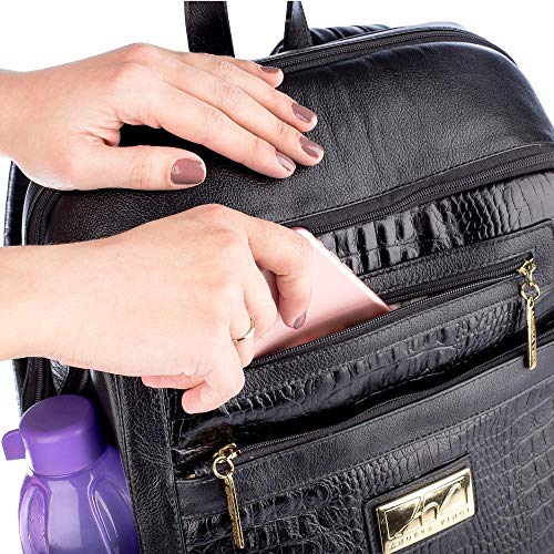 Mochila grande de couro feminina Montanna - Preto croco