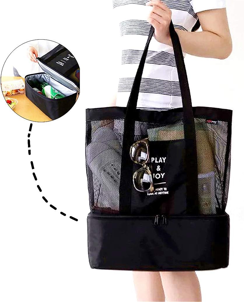 Beach Bag Insulated Cooler, Mesh Large Beach Totes Foldable Organizer with Pockets for Picnic Pool Outdoor Travel Camping Gym (Black）