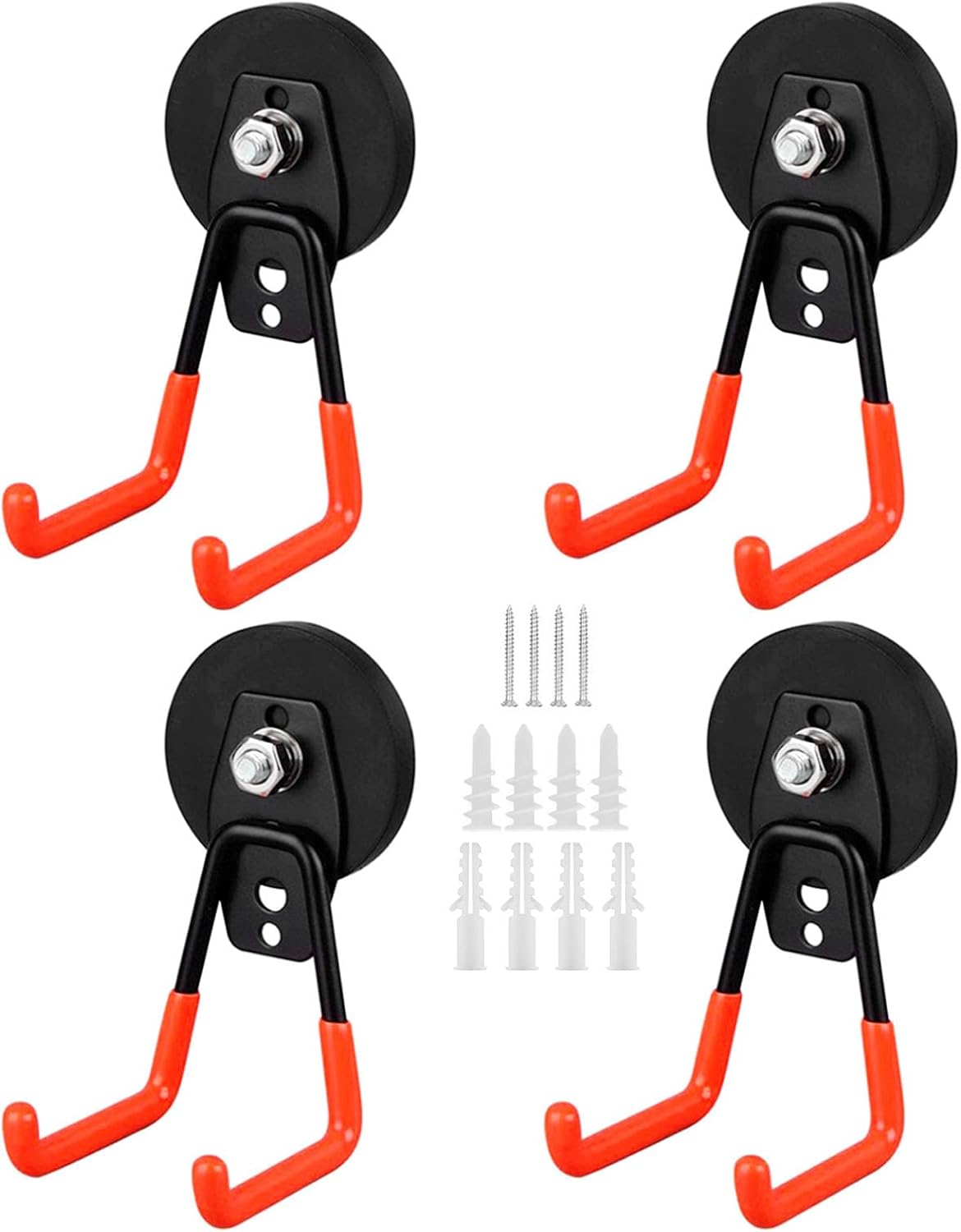 Magnetic Hooks 4 Pack, Large Strong Magnetic Hooks Heavy Duty with Anti-Slip Coating, Garage Magnet Hooks for Hanging Garden Tools,Drills,Hoses. Ideal for Metal Cabinet,Tool Cart,Workshop