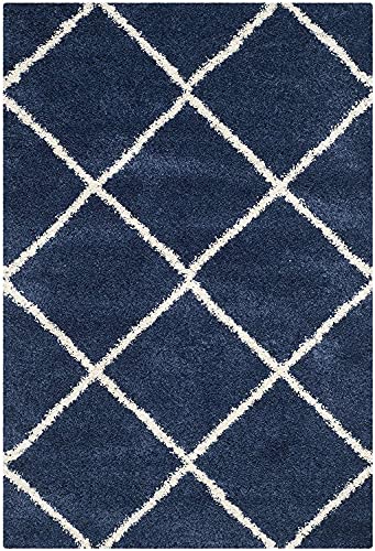 Image of Handmade Shaggy Fur Rectangular Carpet And Rug For Bedroom, Living Room, Hall, Kids Room (7X10 Feet, Navy Blue & Ivory)