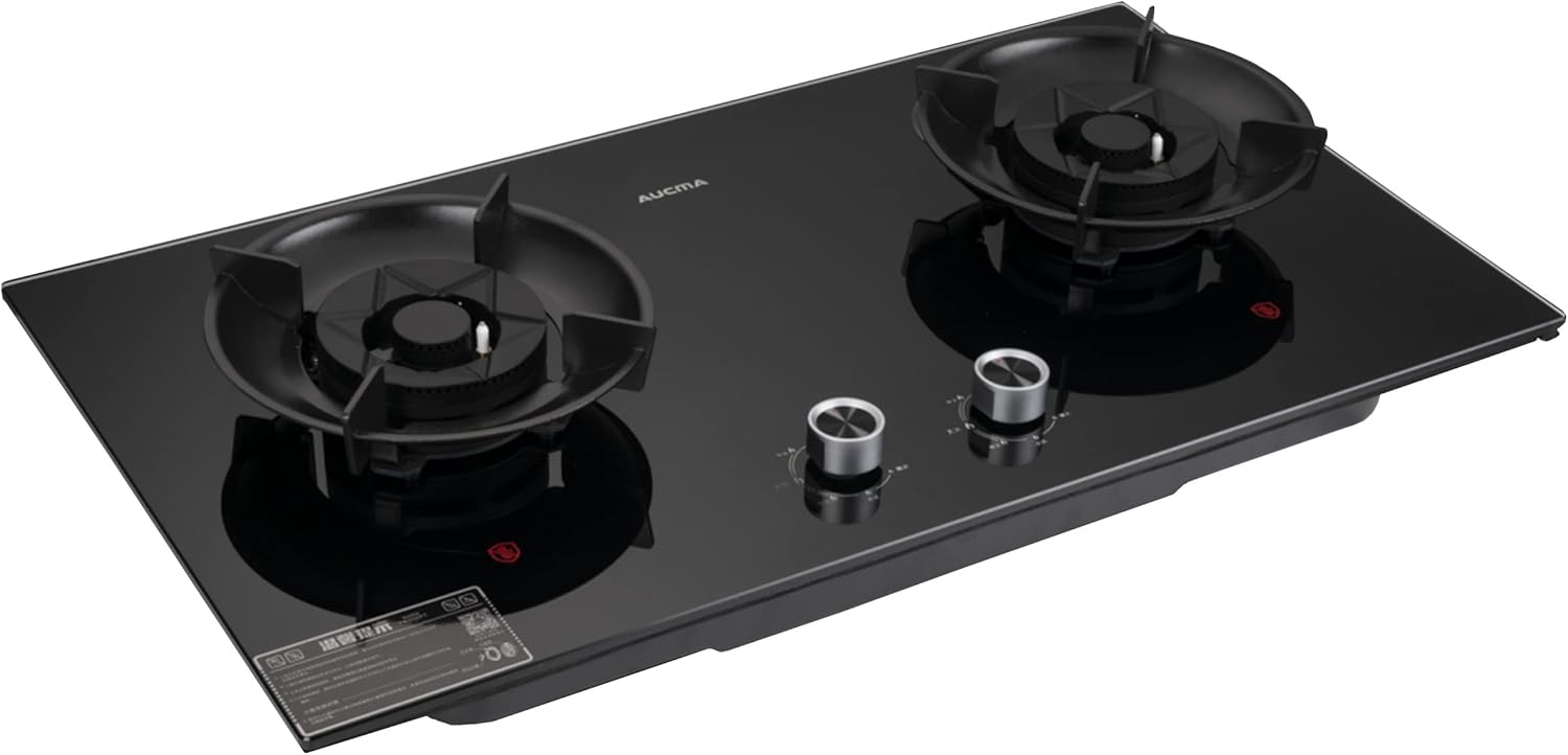 Aucma JZ-3Z102 Tempered Glass Cooktop, Black, Clamshell Design Aluminum Burners, Upper Air Inlet, 5 section regulation, Integrated Pan Support, 6KW Rated Heat Load, Red Dot Anti Scald Reminder