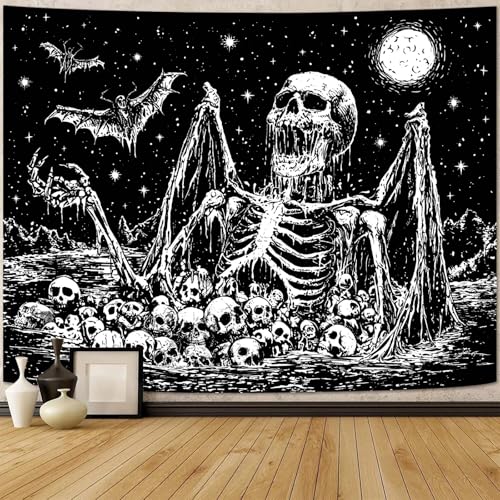 Gruaoihy Gothic Skeleton Tapestry Horror Moon Skull Dark Death Bat Wall Art for Bedroom Grunge Room Decor Black and White 36x48 inches