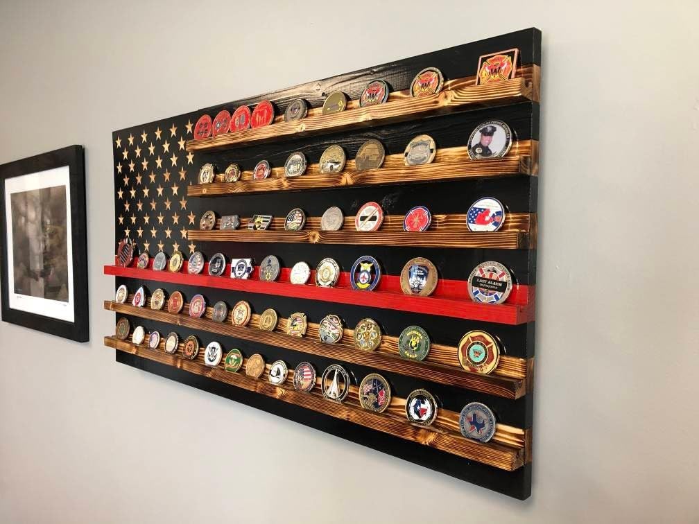 Thin Red Line American Challenge Coin Holder Display, Wooden Shelves hold 90-100 Coins, for Military, Police, Law Enforcement, First Responders, Custom Handmade Quality, Made in Texas