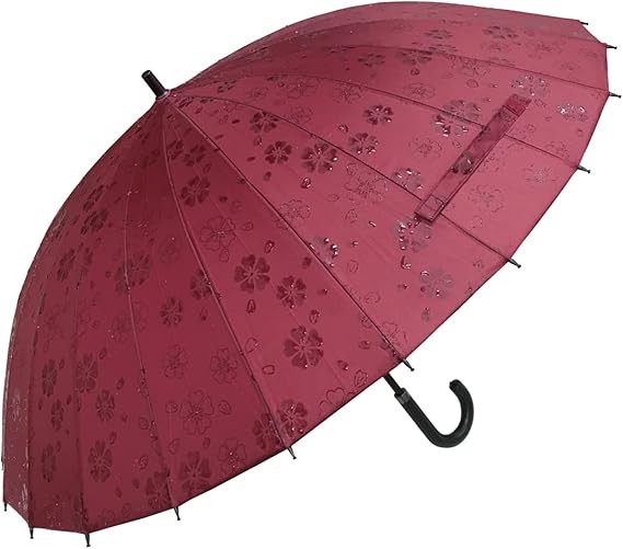Amazon Jiang 傘 かさ 24本骨傘 雨に濡れると浮きでる花柄 レディース かわいい おしゃれ 大きい 花柄 丈夫 レッド Red 長傘 通販