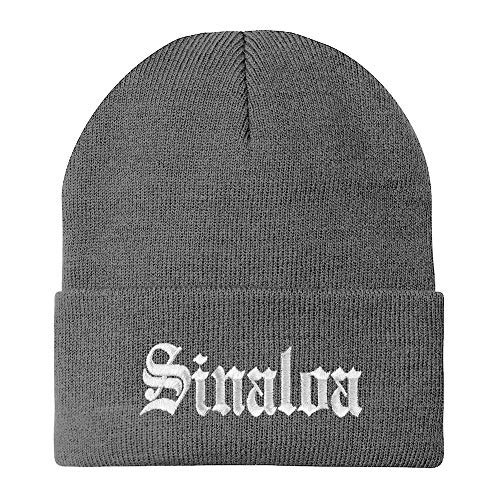 Trendy Apparel Shop Old English Sinaloa White Embroidered Acrylic Knit Beanie Cap - Grey