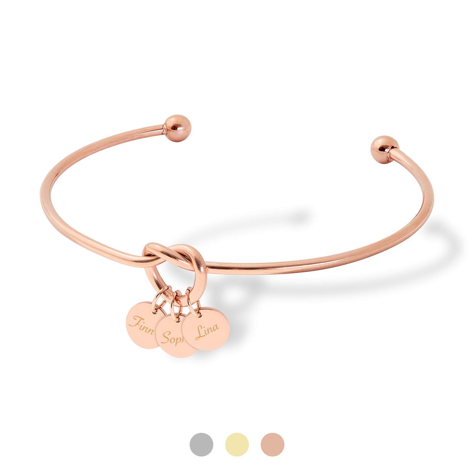 ELLA – Armreif Liebe Freundschaft Knoten mit Gravur | Drei Plättchen mit Namen | Personalisierte Geschenke für Frauen Freundinnen Geburtstag Valentinstag Jahrestag | Edelstahl | Silber, Gold, Rosé