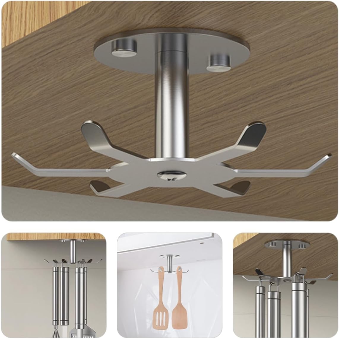 2pcs 304 Stainless Steel Kitchen Rotating Hooks Heavy Duty Under Cabinet Utensil Hangers for Cookware Storage and Organization