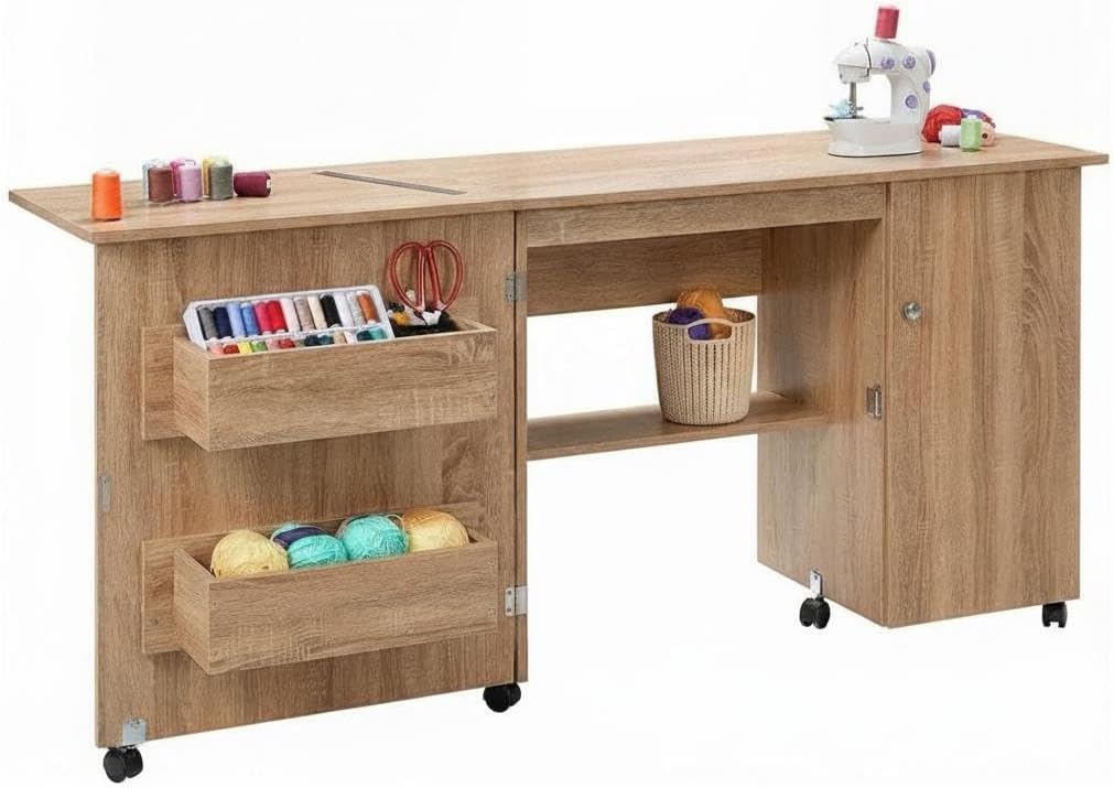 Folding Sewing Table 63x19, Craft Station w/Shelves & Lockable Wheels