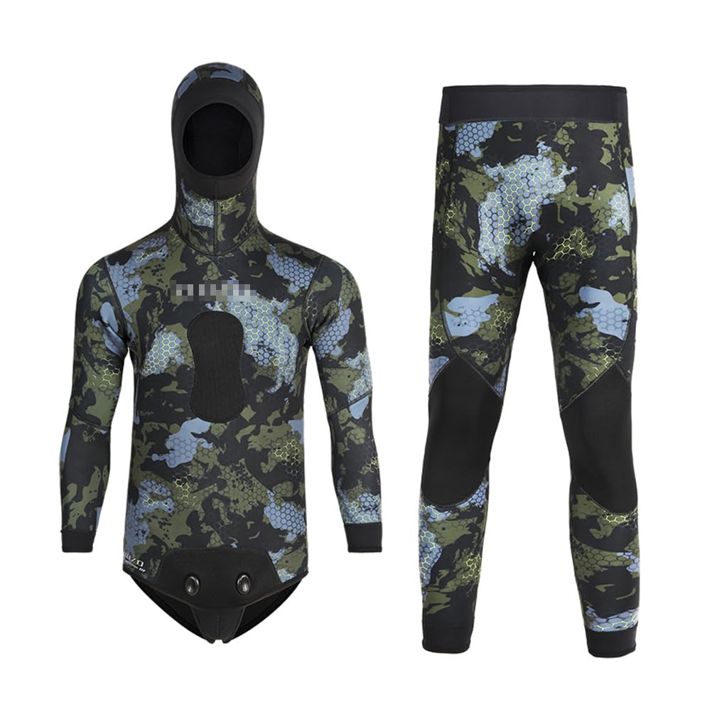 Muta da Uomo a Maniche Lunghe, 2 Pezzi in Neoprene 3mm Muta Mimetica con Cappuccio Integrato per Pesca Sub in Apnea, Snorkeling, Surf, Immersioni Subacquee - Giacca e Pantalone Completi