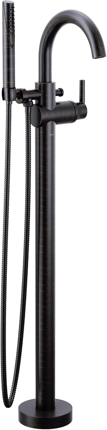 Delta Faucet Trinsic Floor Mount Tub Filler - Freestanding Roman Tub Spout with Handheld Shower - Flexible Shower Hose - Double Check Valves - Stainless, T4759-SSFL (Rough Sold Separately)