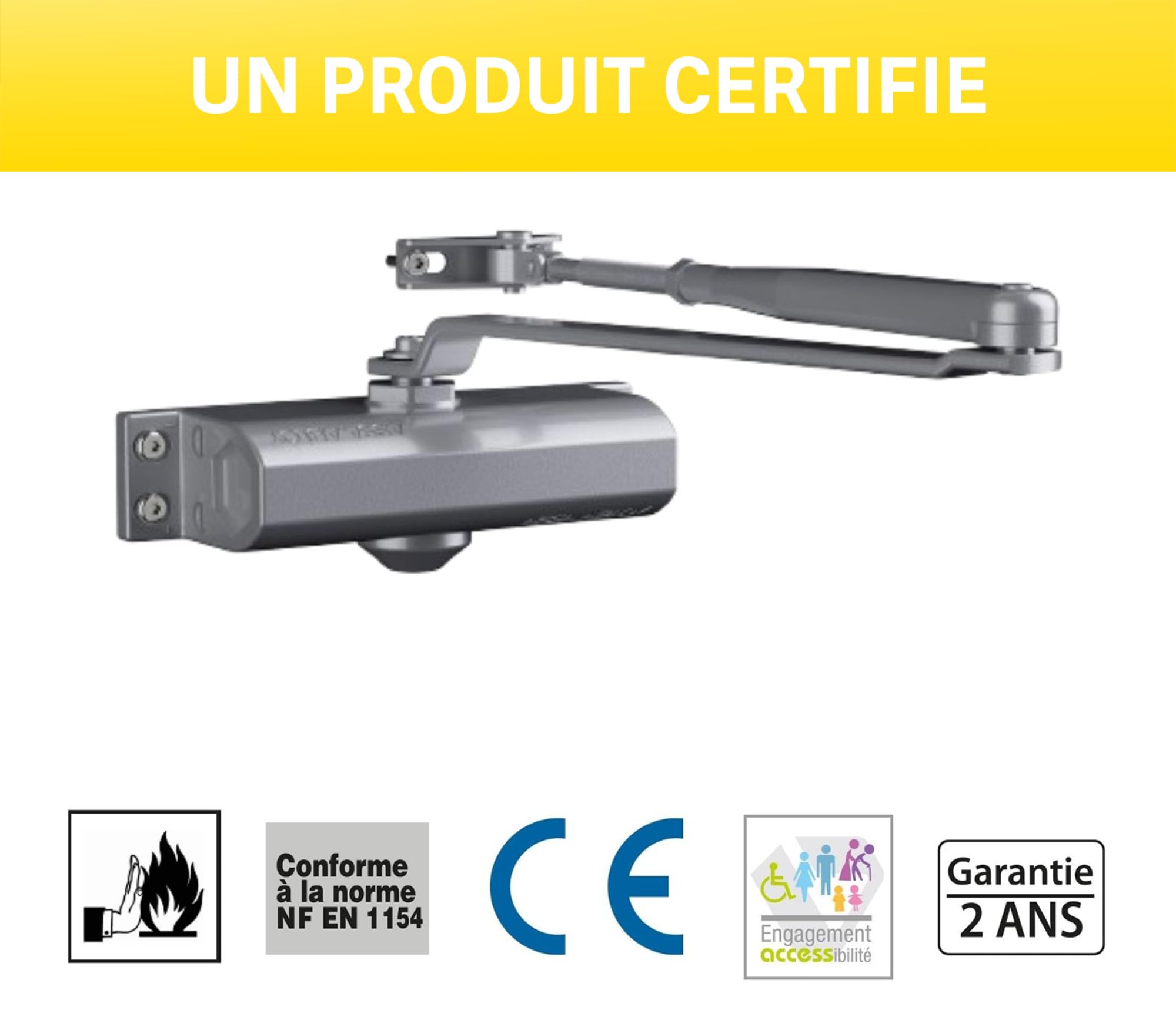 Yale Ferme-Porte à Pignon Crémaillère & Bras Compas DC110 - Idéal Portes Coupe-Feu & Étanches à la Fumée - pour Portes jusqu'à 1100mm de Large Droite ou Gauche - Force 4 jusqu'à 80kg - Argent Satiné